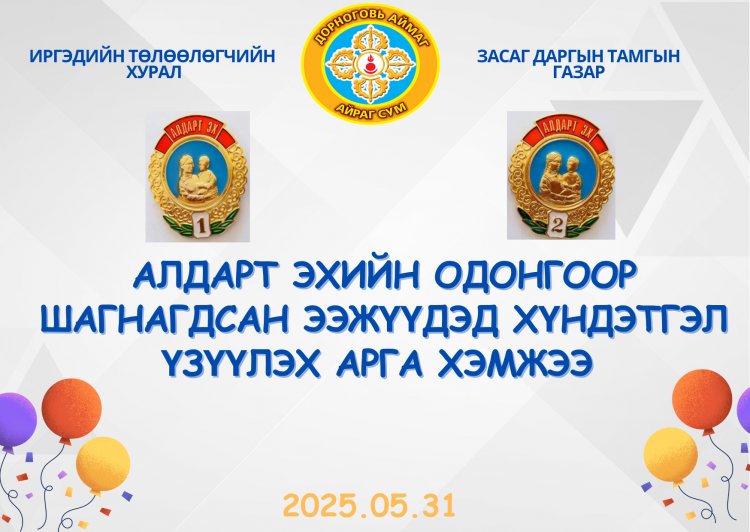 АЛДАРТ ЭХИЙН ОДОН АВСАН ЭЭЖҮҮДЭД ХҮНДЭТГЭЛ ҮЗҮҮЛЭХ АРГА ХЭМЖЭЭ ЗОХИОН БАЙГУУЛАГДЛАА.