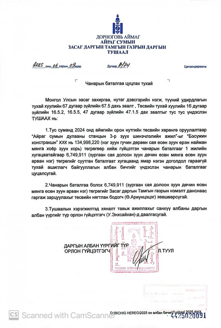 Чанарын баталгаа цуцлах тухай А/24