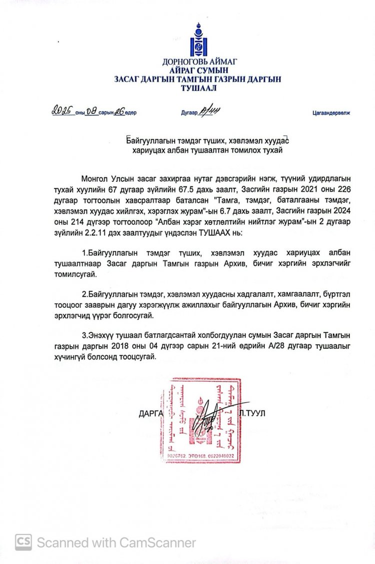 Байгууллагын тэмдэг түших, хэвлэмэл хуудас хариуцах албан тушаалтан томилох тухай А/44