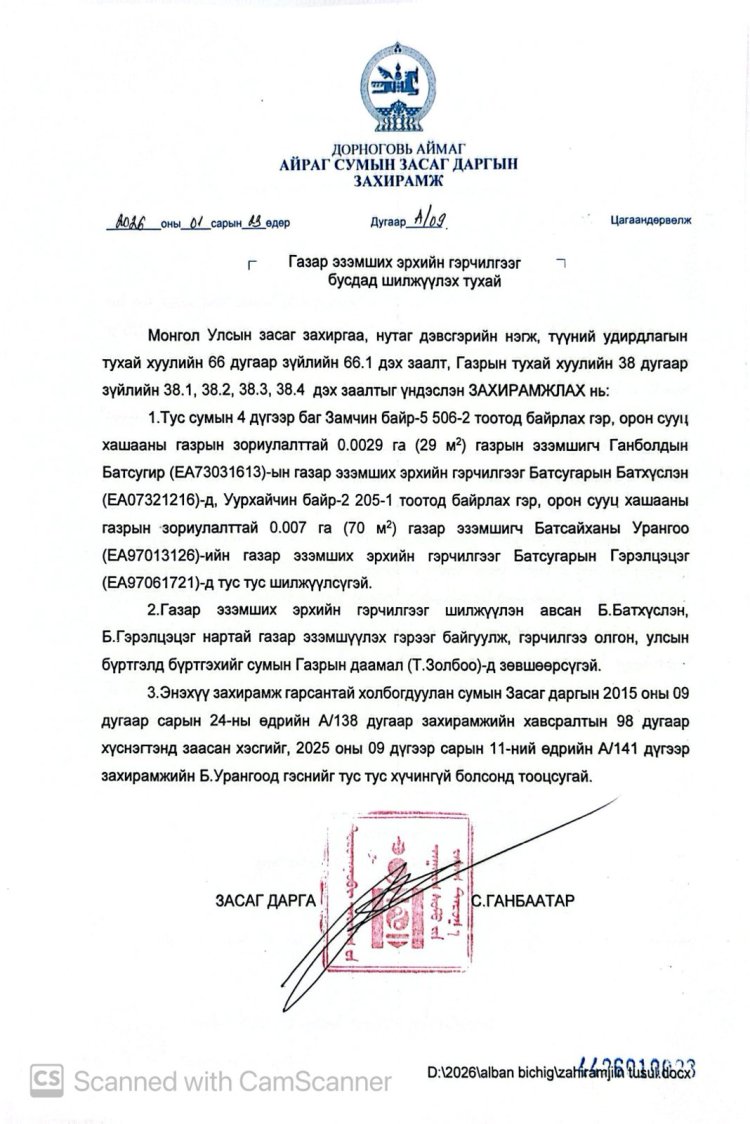 Газар эзэмших эрхийн гэрчилгээг бусдад шилжүүлэх тухай А/09